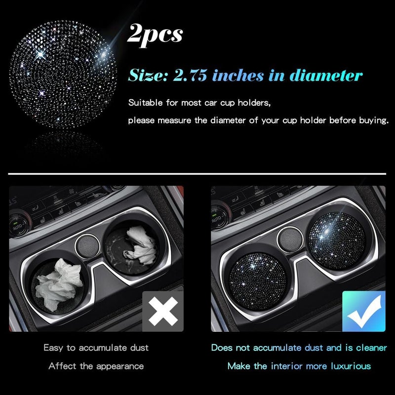 Murimt 2 PCS Universal Vehicle Bling Cup Holder Insert Coaster Car Interior Accessories,2.75 inch Silicone Anti Slip Crystal Rhinestone Car Coaster(Black) - Image 2